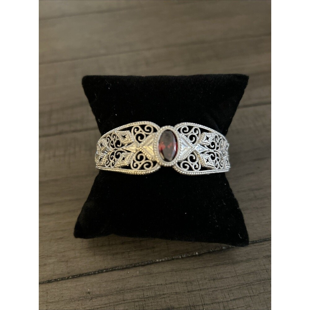 Silver Tone Filigree Cuff Bracelet With Center Red Stone
